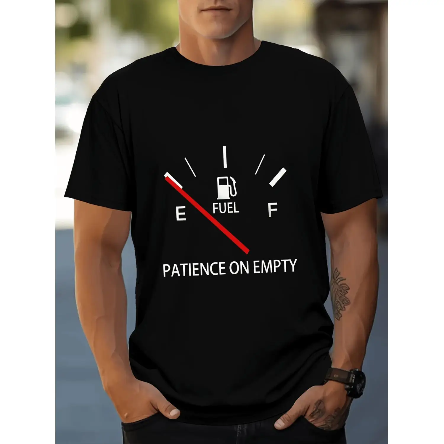 

Funny Patience on Empty T-shirt Men's Sarcastic Humor Graphic Tee Fuel Gauge Print Summer Streetwear Casual Top