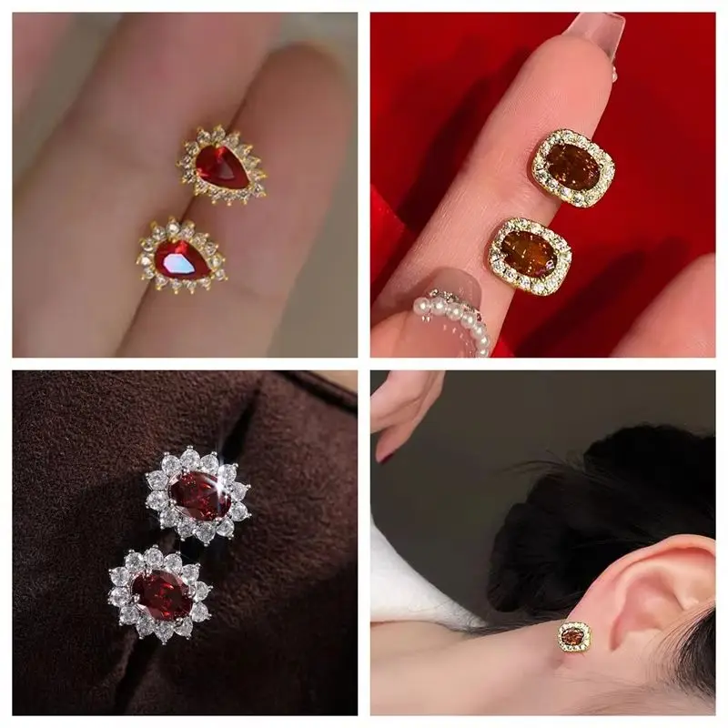 Элегантные серьги-капельки с красным цирконом и сверкающей водой для женщин, модный персонализированный аксессуар, новый темпераментный дизайн Элегантные серьги-капельки с красным цирконом и сверкающей водой для женщин, модный персонализированный аксессуар, новый темпераментный дизайн