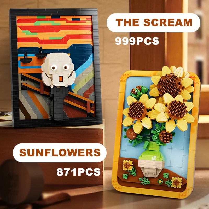 Creative Van Gogh Sunflowers World Famous Painting The Scream Picture Art Building Blocks Micro Bricks Home Decoration Toys Gift