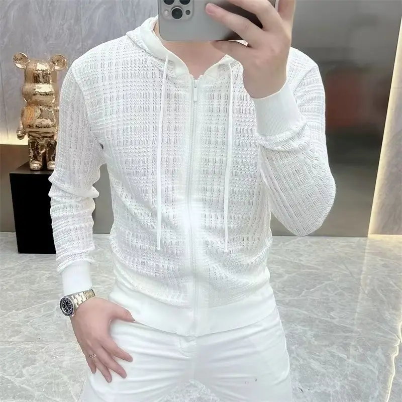 

Новая летняя полая куртка, мужской кардиган с дырками, сетчатая вязаная однотонная солнцезащитная куртка с капюшоном и сеткой