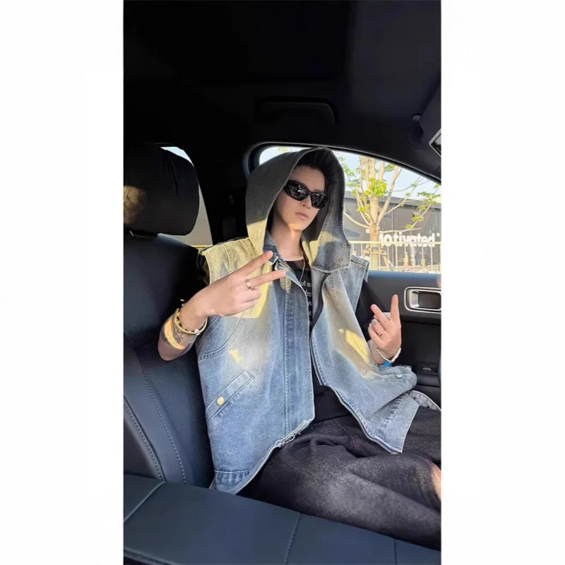 

American High Street Washed Deconstructed Vest Men And Women Summer Trendy Cool Loose Casual Hooded