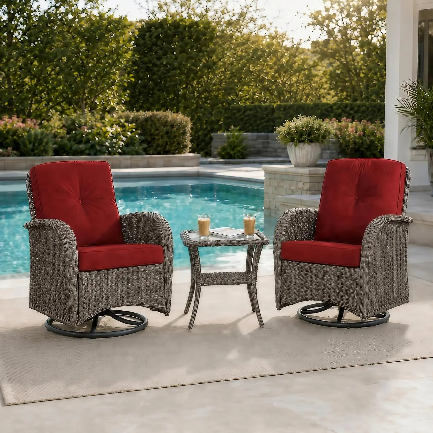 3-Piece Wicker Swivel Rocker Set with Glass Table, Rust-Resistant Frame, Water-Resistant Cushions, 360 Rotation, Customized