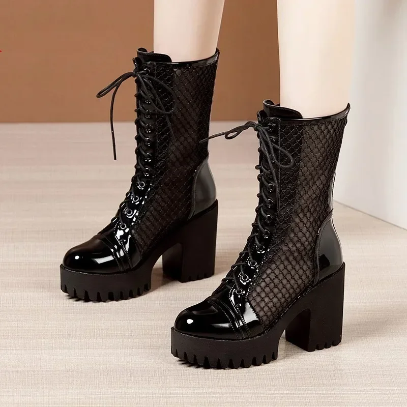 Small Size 32-43 Fashion Block High Heels Sandals Summer Platform Shoes 2024 Women's Cutout Short Ankle Boots Genuine Leather