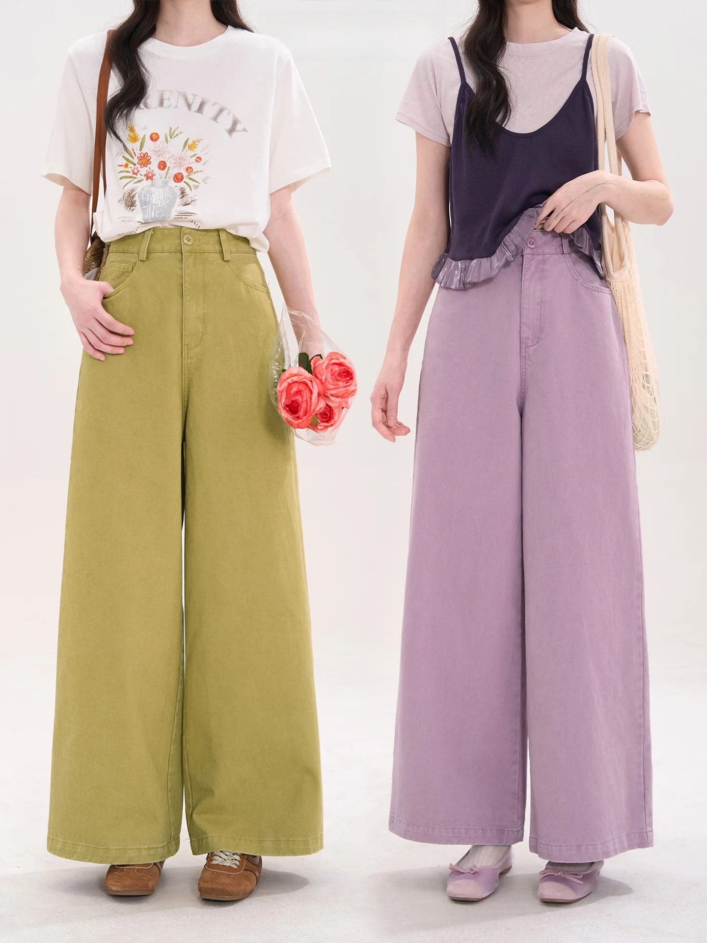 

High Waist Straight Leg Jeans Women's Casual Pure Color Spring Summer Versatile Cotton Denim Floral Window Hemline