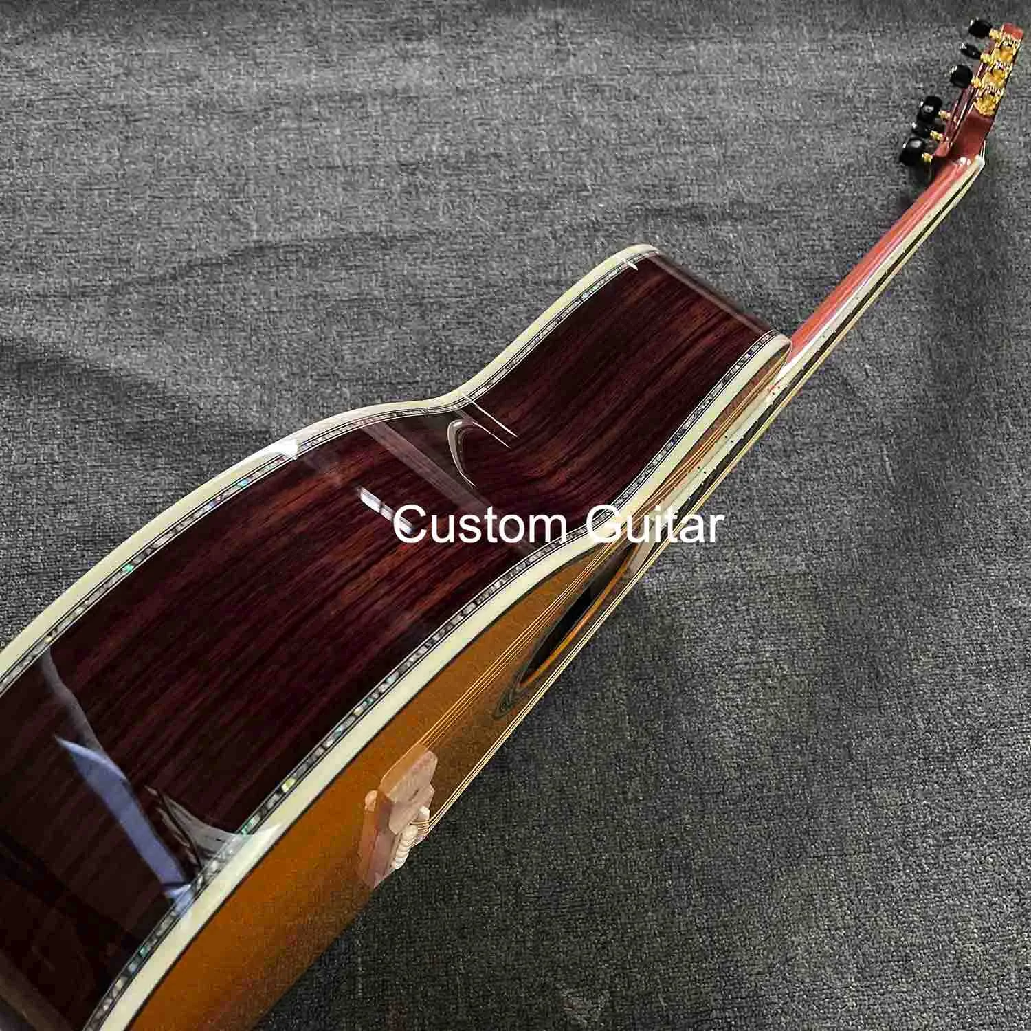 Custom OO Shape Solid Rosewood Back Side Acoustic Guitar in Yellow Finish Slotted Headstock Vintage Tuner