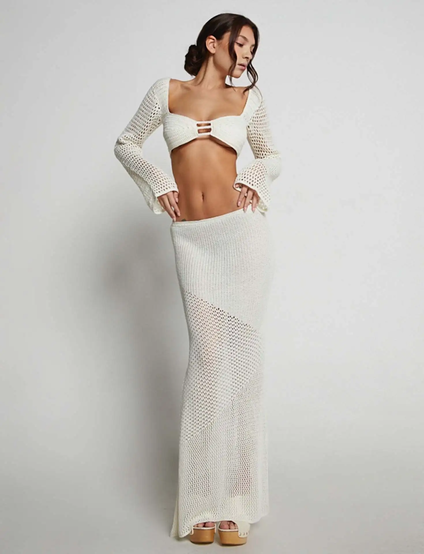 Summer Women\'s New White Tethered Long-sleeved Hip Casual Hollow Out Knitted Long Skirt Suit Bikini Cover Up Beach Dress