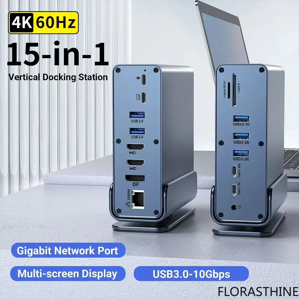 15-in-1 USB C Hub Triple Monitor 4K@60Hz DP Hub with 10Gbps USB3.2 RJ45 Gigabit PD 100W SD/TF & 3.5mm Audio for Laptops