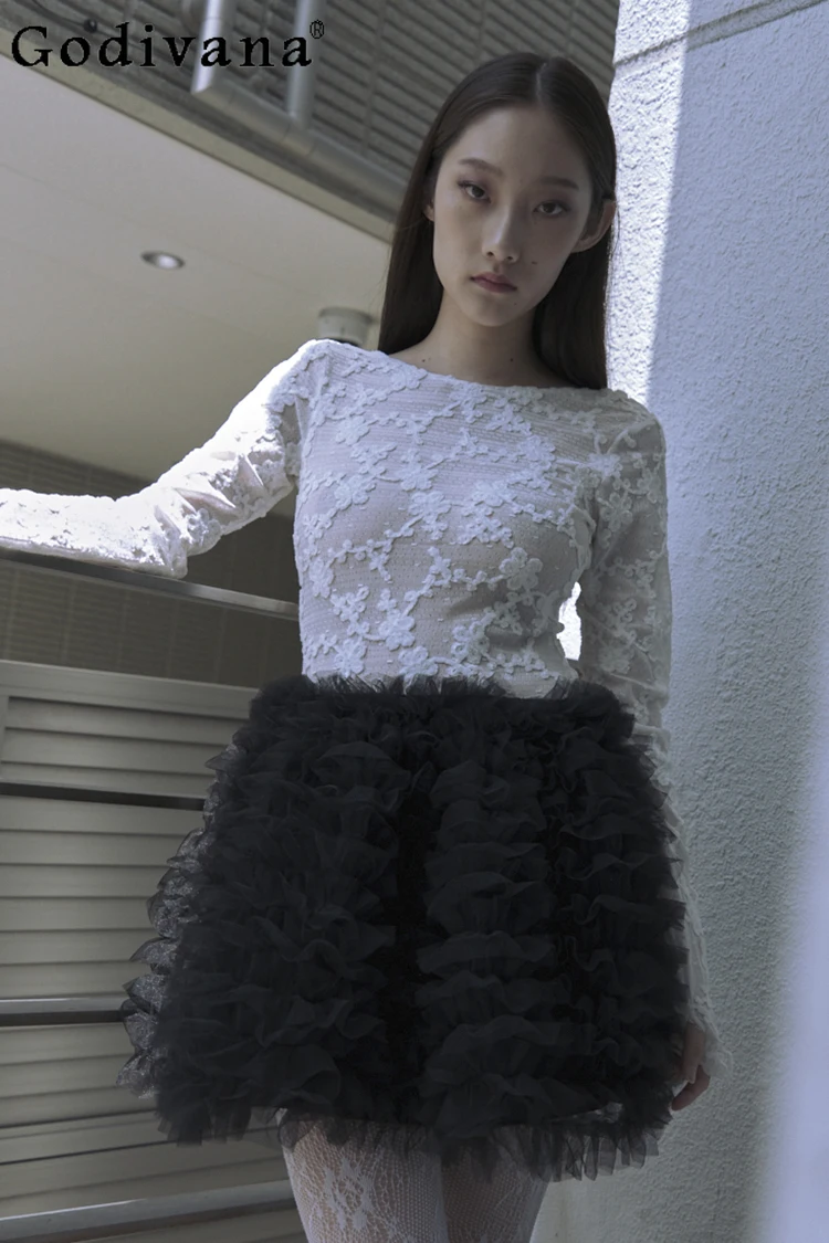 

Japanese Sweet Fashion Three-Dimensional Flower Lace T-Shirt Spring and Autumn New Girl's Woman's Slim Fit Thin Shirt Pullover
