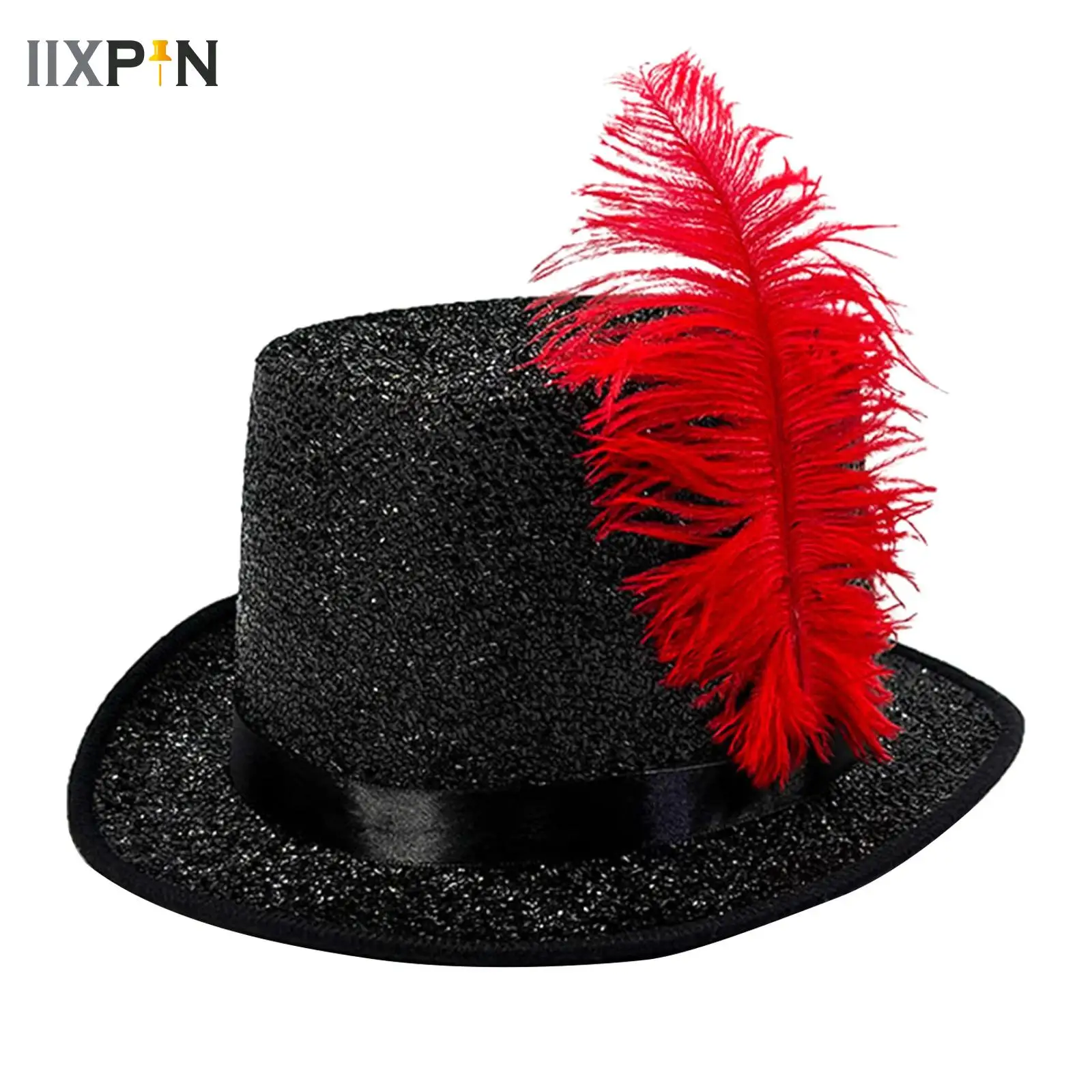 

Vintage Black Movie Theme Hat Sequin Feathers Jazz Hippie Stage Performance Holiday Costume Top Hats Magician Hat Cosplay Caps