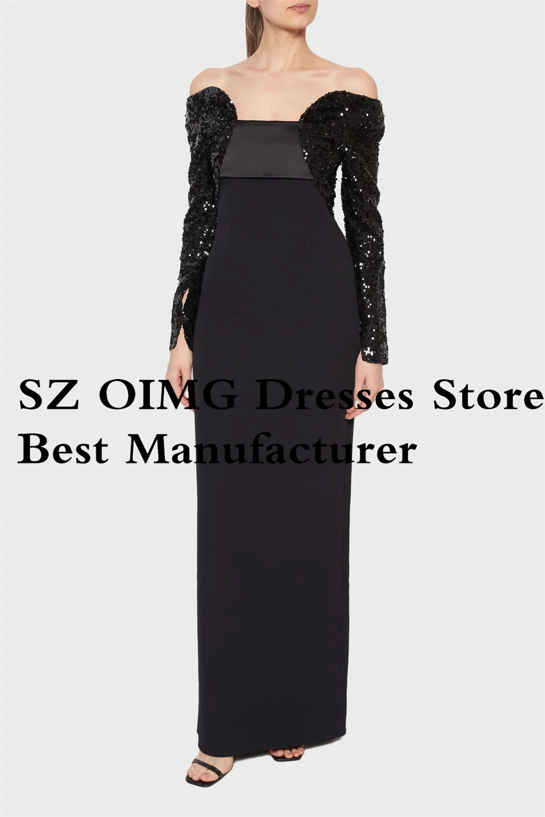 OIMG Black Sequined Prom Dresses Long Sleeves Off the Shoulder Crepe Satin Zipped Ruched Evening Gowns Formal Party Dress