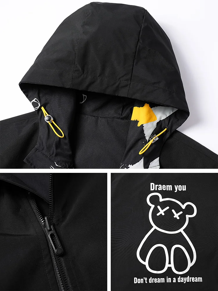 Spring Autumn Two Side Wear Hooded Windbreaker Men\'s Jacket Streetwear Fashion Bear Printed Hip Hop Outfits Coat Big Size 8XL