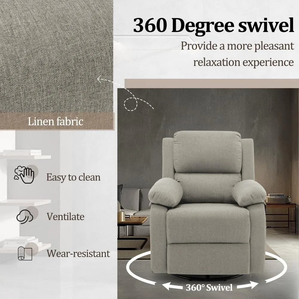 Recliner Chair, 360 Swivel Rocker Chair for Adults, Small Rocking Recliner Chair for Small Spaces, Upholstered Fabric Glider Rec image 5