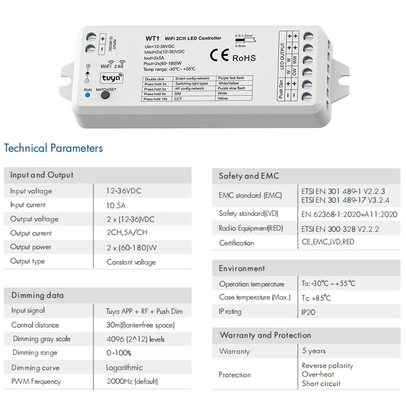 Tuya WiFi LED Dimmer 12V 24V 36V DC 2CH Smart 2.4G RF Wireless Remote Dimming Switch WW CW CCT Controller WT1 LED Controller