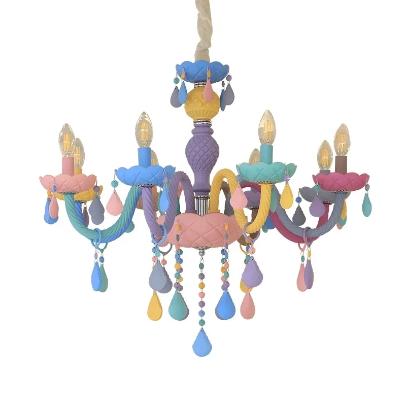 

Rainbow Crystal Chandelier European Candle Lustres Children's Bedroom Princess Makaron Lamps Eye Protection