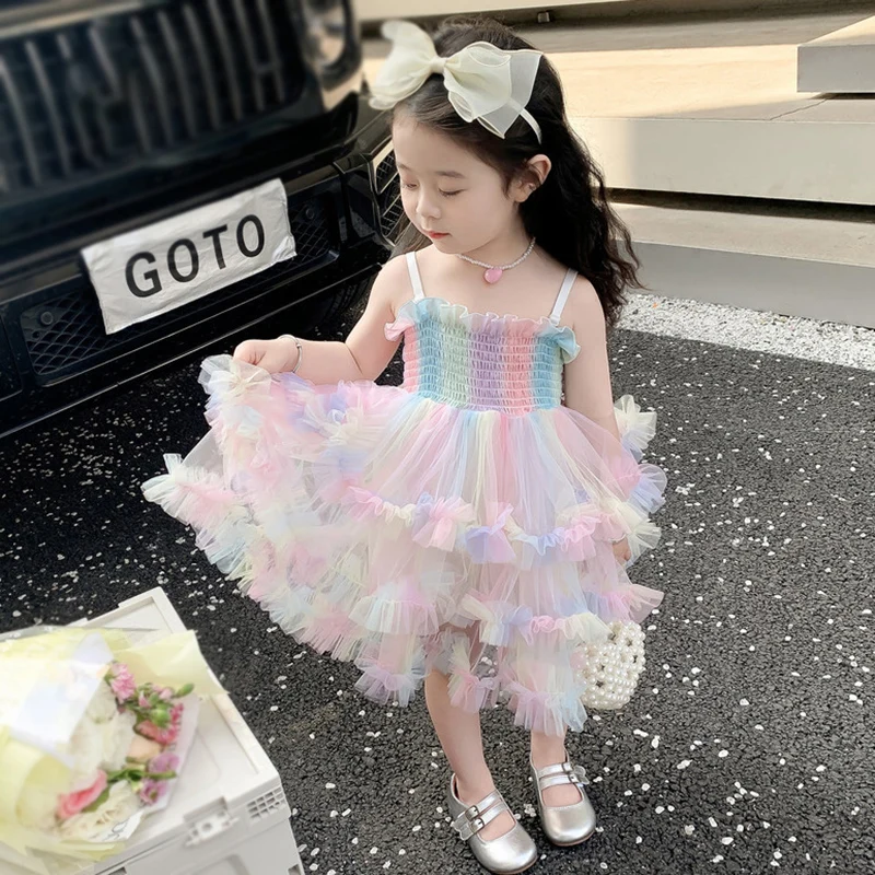 Baby Girls' Rainbow Tulle Vestido sem mangas inchado, conjunto princesa infantil, roupas para criança, festa de aniversário, verão, doce, infantil, 1-4 anos