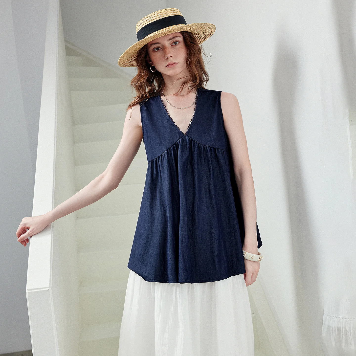 TOYOUTH Women Shirt 2026 Summer New Sleeveless V Neck Loose High Waist Split Pleated Age Reducing Babydoll Casual Tops