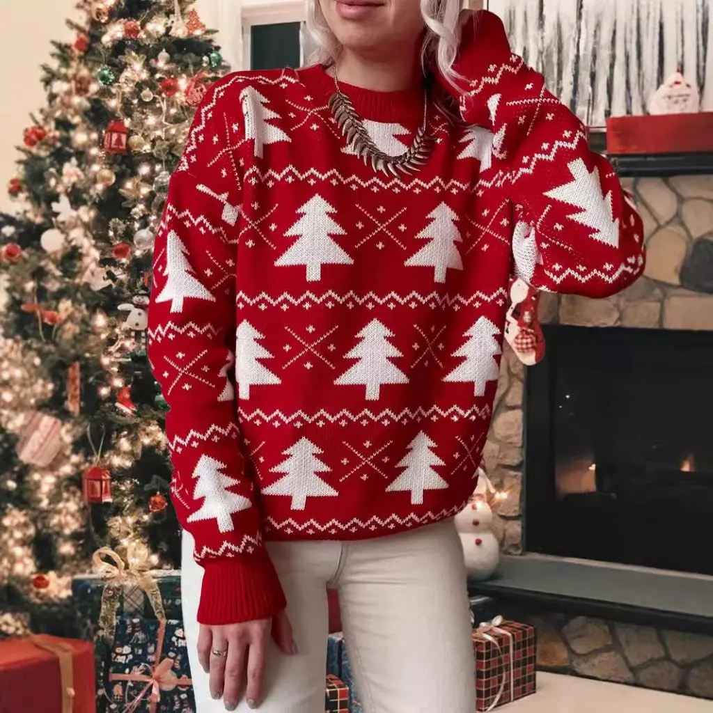 Suéter de Jacquard de Navidad con cuello redondo para mujer, manga larga, moda de invierno, estilo europeo y americano