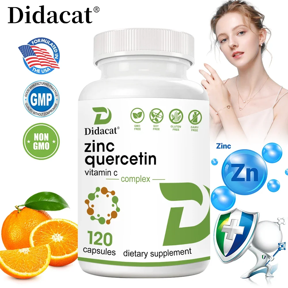 Zinc Quercetin 120 Veggie Capsules - with Vitamin C for Immune Health and Cardiovascular, Respiratory Health, Skin, Collagen