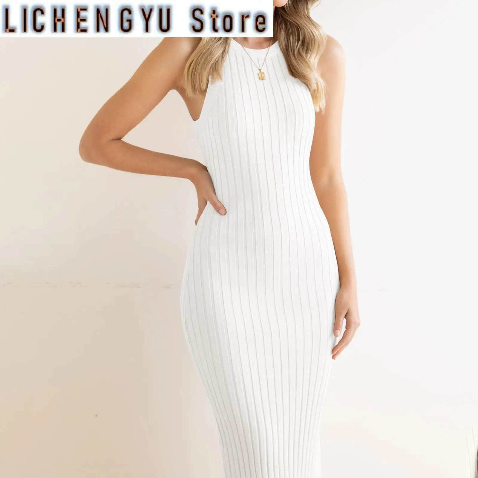 

Dresses For Women Leisure Beach Fashion Sleeveless Round Neck Split Rib Tight Wrap Hip Dress Woman Clothing Vestidos