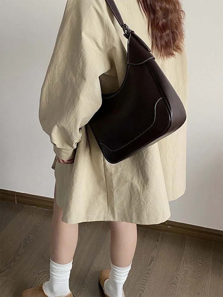 Retro Casual Brown Underarm Bag For Women Trendy Versatile Large Capacity Tote Bags Solid Simple Ladies Commuter Shoulder Pack