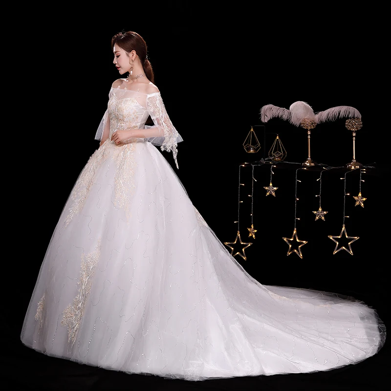 

XXN103 Exquisite A-line Wedding Dress Lace Off Shoulder lvory Bridal Gown vestidos de novia Corset Sweep Train