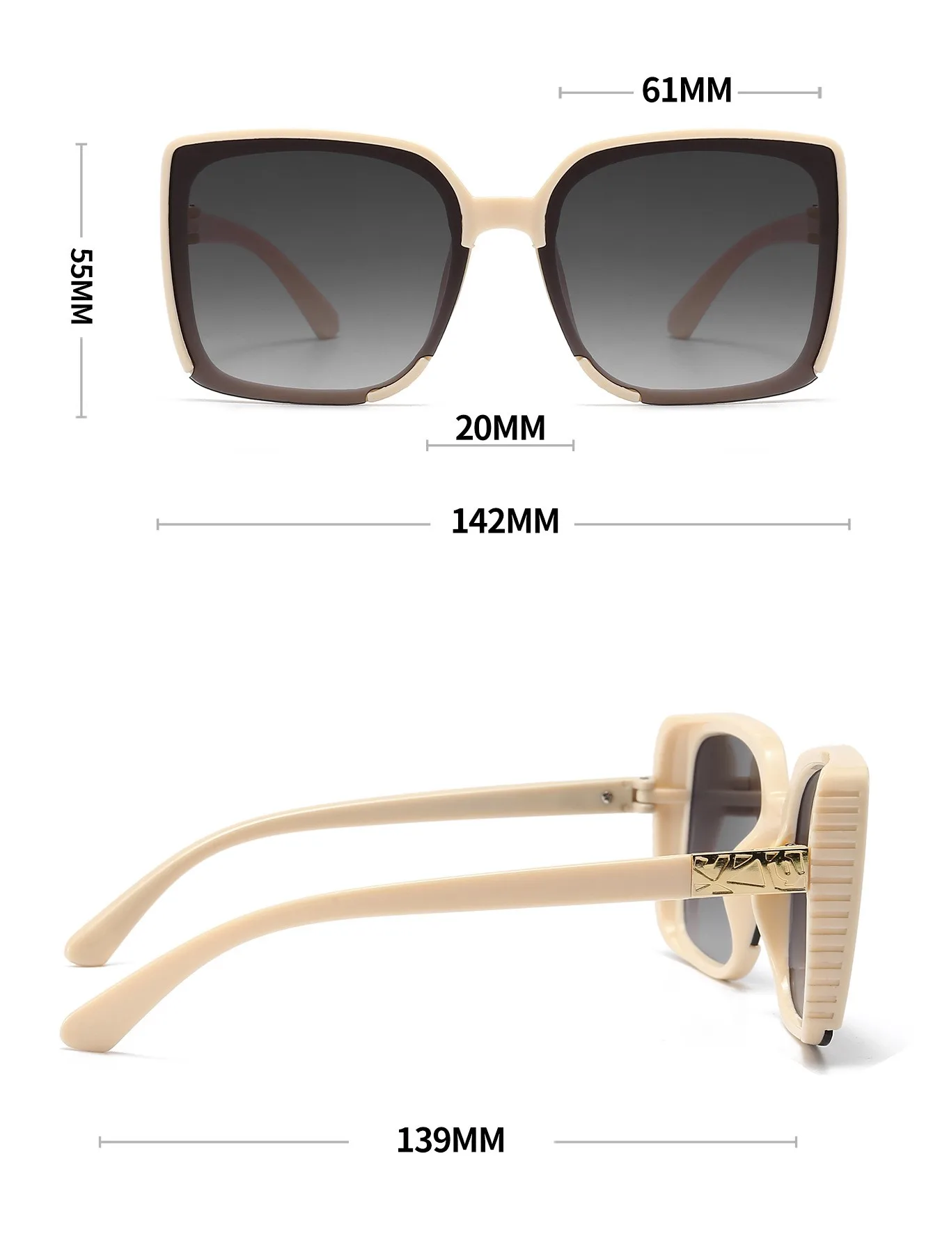Neue stilvolle beige quadratische Sonnenbrille mit großem Rahmen – Sonnenbrille mit UV-Schutzfunktion1041 – Detail 4
