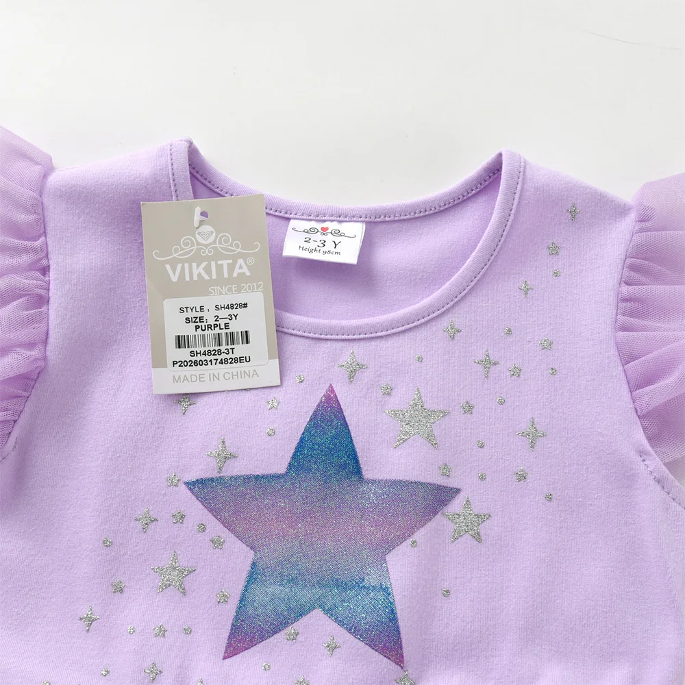 VIKITA Kleinkinder-Kleid mit glitzerndem Sternenmuster, Kinderkleid, lavendellila, Ombre-Tüll, Netzstoff, Rüschenärmel, Sommer, lässig, Party, Prinzessinnenkleid – Detail 6