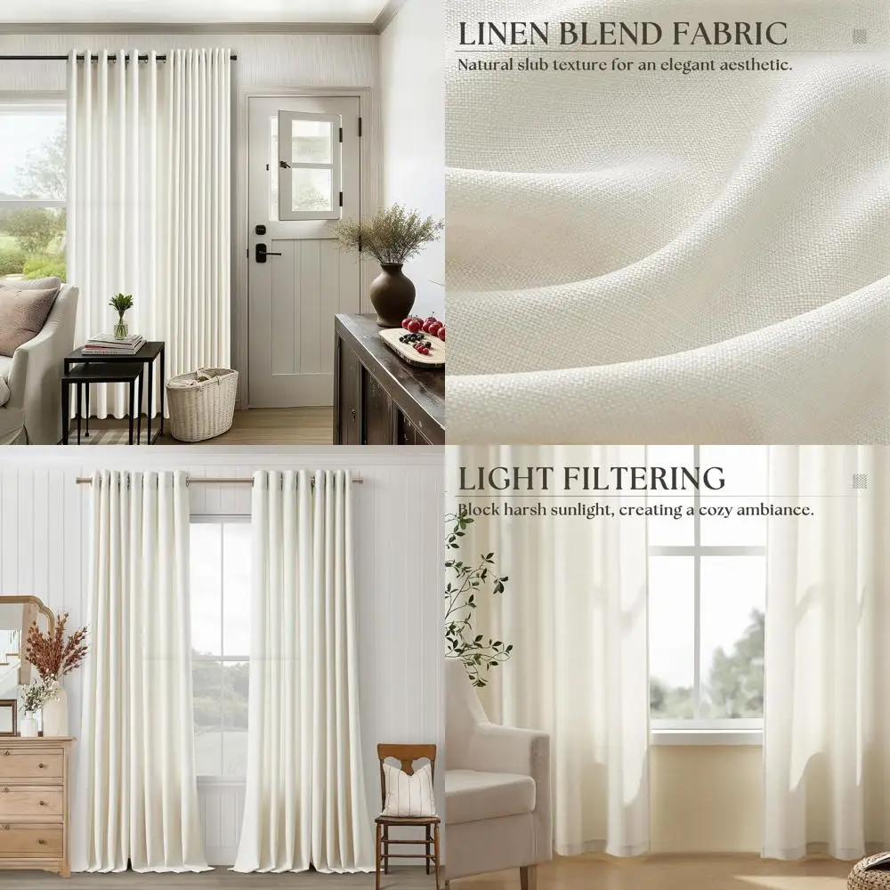 

Удлиненные льняные прозрачные шторы 112, комплект из 2 панелей с верхней частью люверса, полупрочная фильтрация для патио и раздвижных дверей