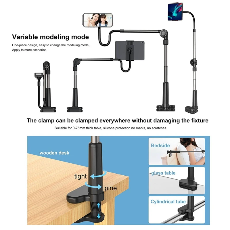 Phone Tablet Holder ,Gooseneck Stand Desk Mount,Long Arm Overhead Clip Clamp,Flexible Lazy Bracket For Smartphone