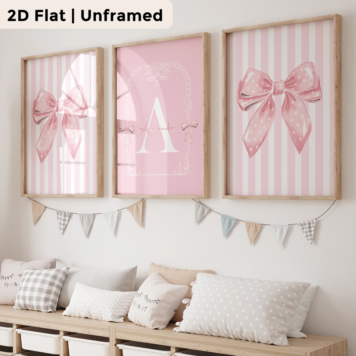 3pcs Personalized Custom Name Pink Bowknot Wall Art Print Picture Canvas Poster Painting For Living Room Home Decor