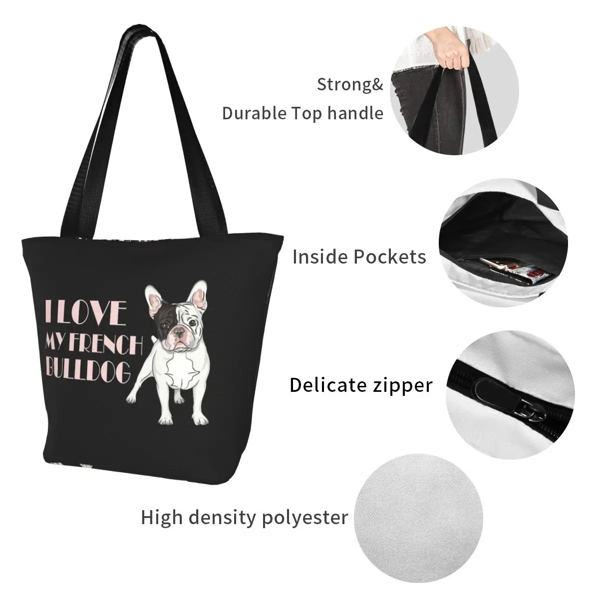 Custom French Bulldog Canvas Sacos De Compras Mulheres Mantimentos Portáteis Pet Puppy Dog Animal Frenchie Tote Shopper Bags