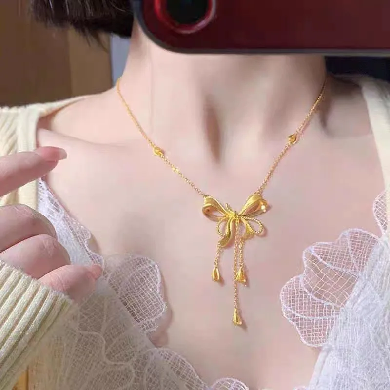 24K Gold Women's Bow Necklace | AU999 Pure Gold, 3D satin - textured bow, diamond accents, sweet & elegant