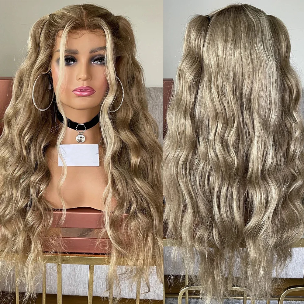 

Light Ash Blonde Roots Human Hair Wigs HD Full Lace Wig with Lowlights Loose Deep Wave Lace Front Wig 13x6 Bleached Knots 200%