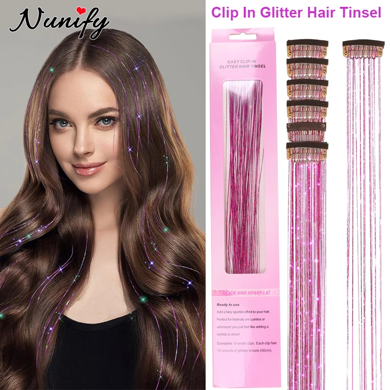 Easy Clip In Glitter Hair Tinsel 6Pcs/Pack Sparkle Colored Strands For Hair Extensions With Clip 50Cm Laser Decor Glitter Strips