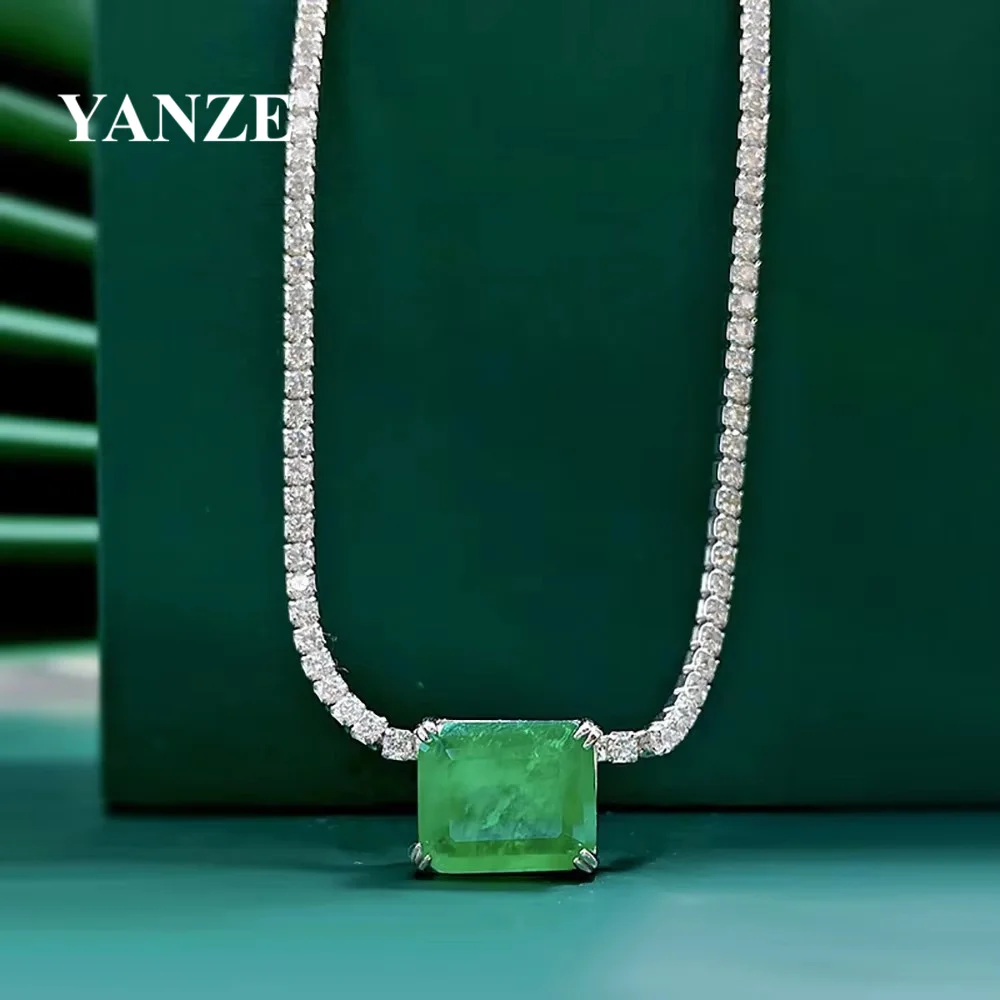 100% 925 Real Silver 10*12mm Emerald Paraiba Lab Diamond Necklace for Women Tennis  Pendant Jewelry Gifts