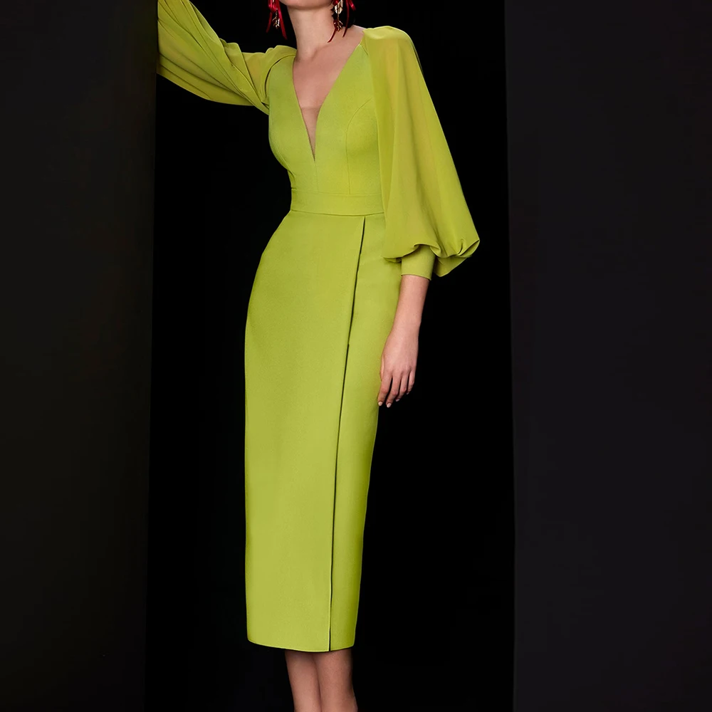 

V Neck Solid Color 3/4 Sleeves Sheath Tea Length Jersey Buttons Zipper Back Exquisite Evening Dress Bespoke Occasion Gowns