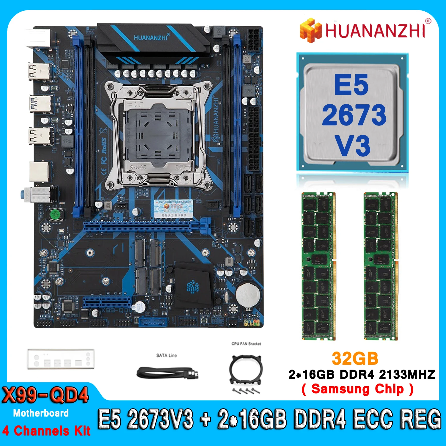 

Huananzhi X99-QD4 Материнская плата LGA 2011-3 Комплект комбинированного с процессором Xeon E5 2673 V3 32 ГБ (2*16 ГБ) DDR4 2133 МГц SATA3.0 E5 2673V3 Набор