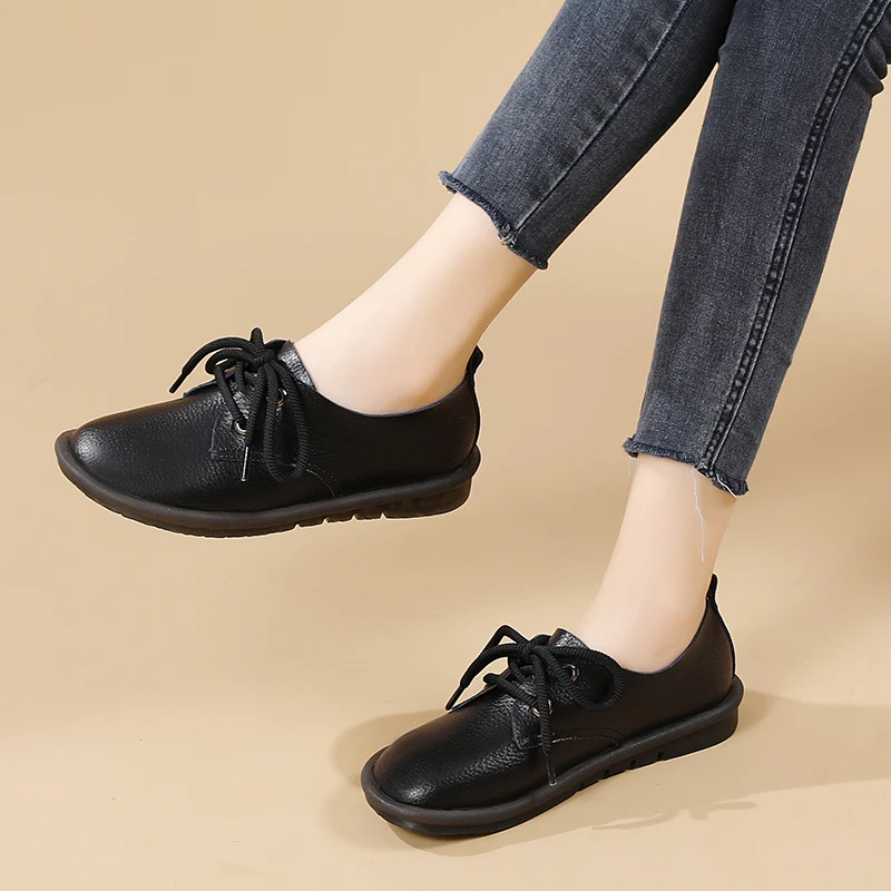 Zapatos de cuero con suela suave para mujer, Calzado cómodo con cordones, planos, informales, talla grande 44