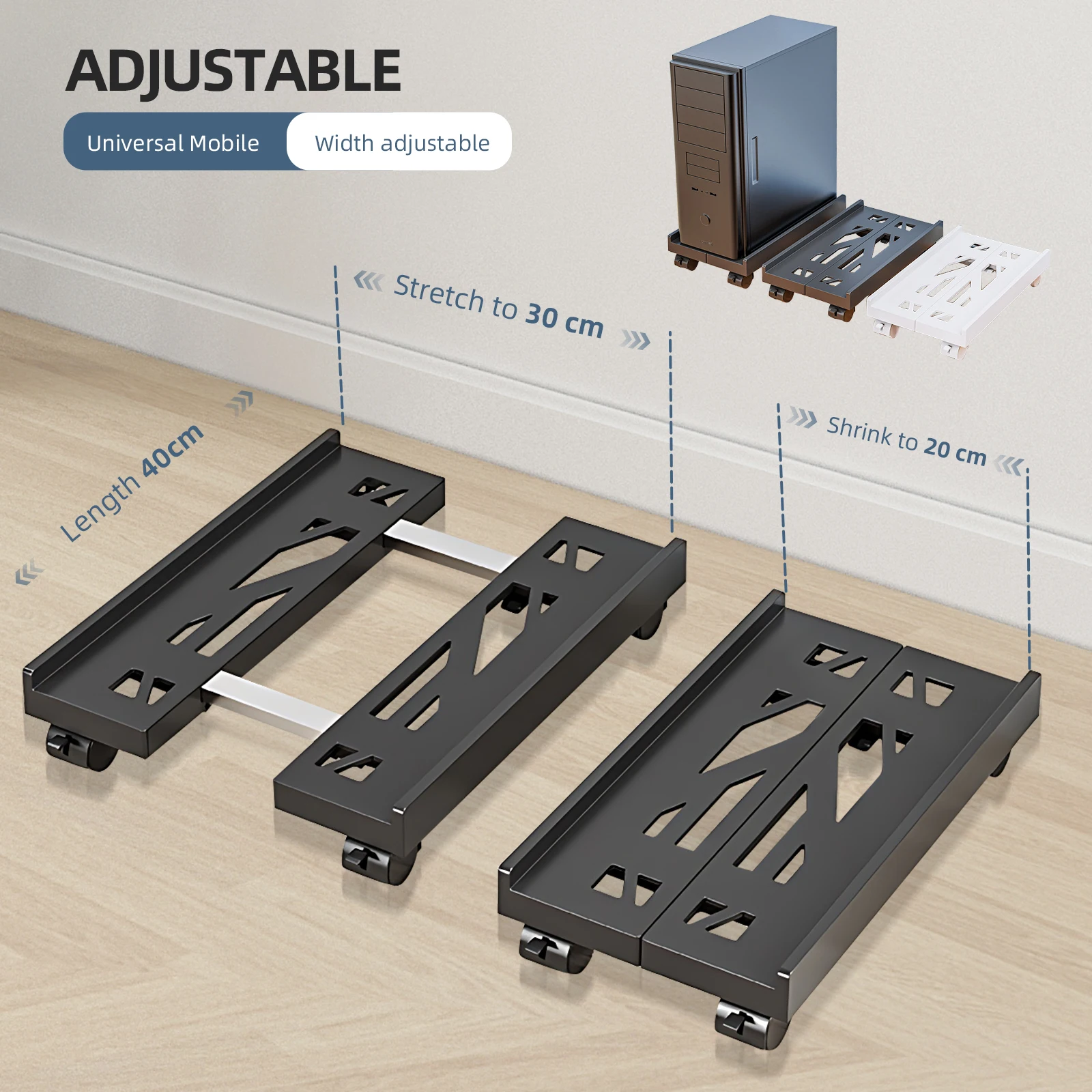 Suporte móvel ajustável da torre do computador, suporte ventilado da torre do pc com 4 rodas do rodízio cabe na maioria dos pc, sob o suporte da mesa