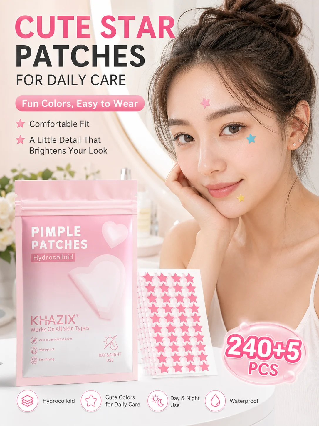 240+5-piece star-shaped acne patch combo pack with cleansing cotton swabs, gentle and non-irritating, effectively cleanses pores