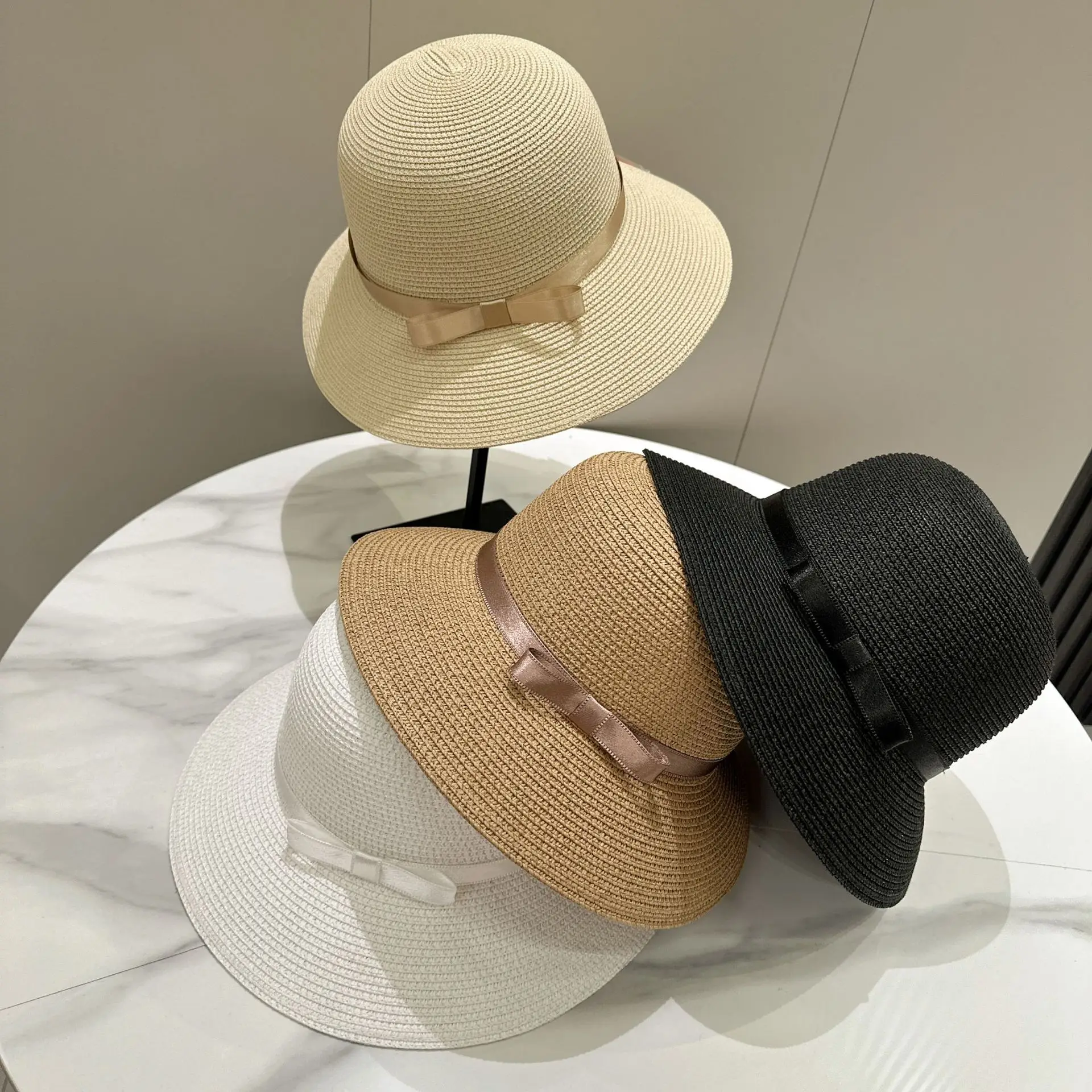

High quality new sunshade straw hat women's summer French Hepburn wind lampshade basin hat elegant bow bucket hat sun protection