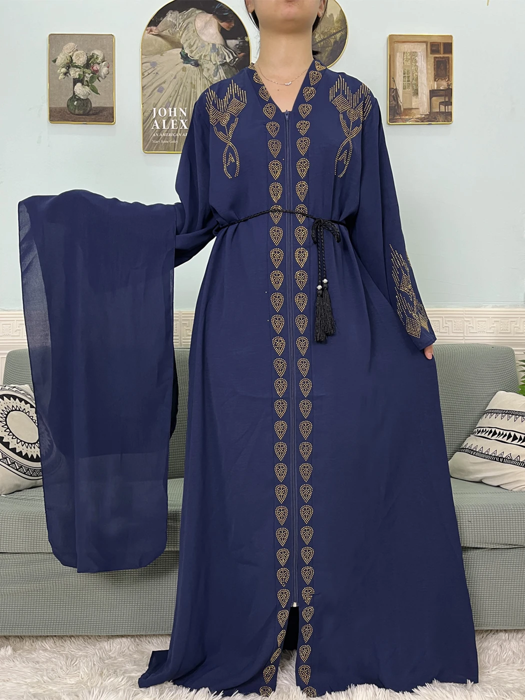 Muslim Open Abayas For Women 2024 Pure Chiffon Zipper Diamonds Loose Femme Robe Islam Dubai Boubou Moroccan Caftan With Turban