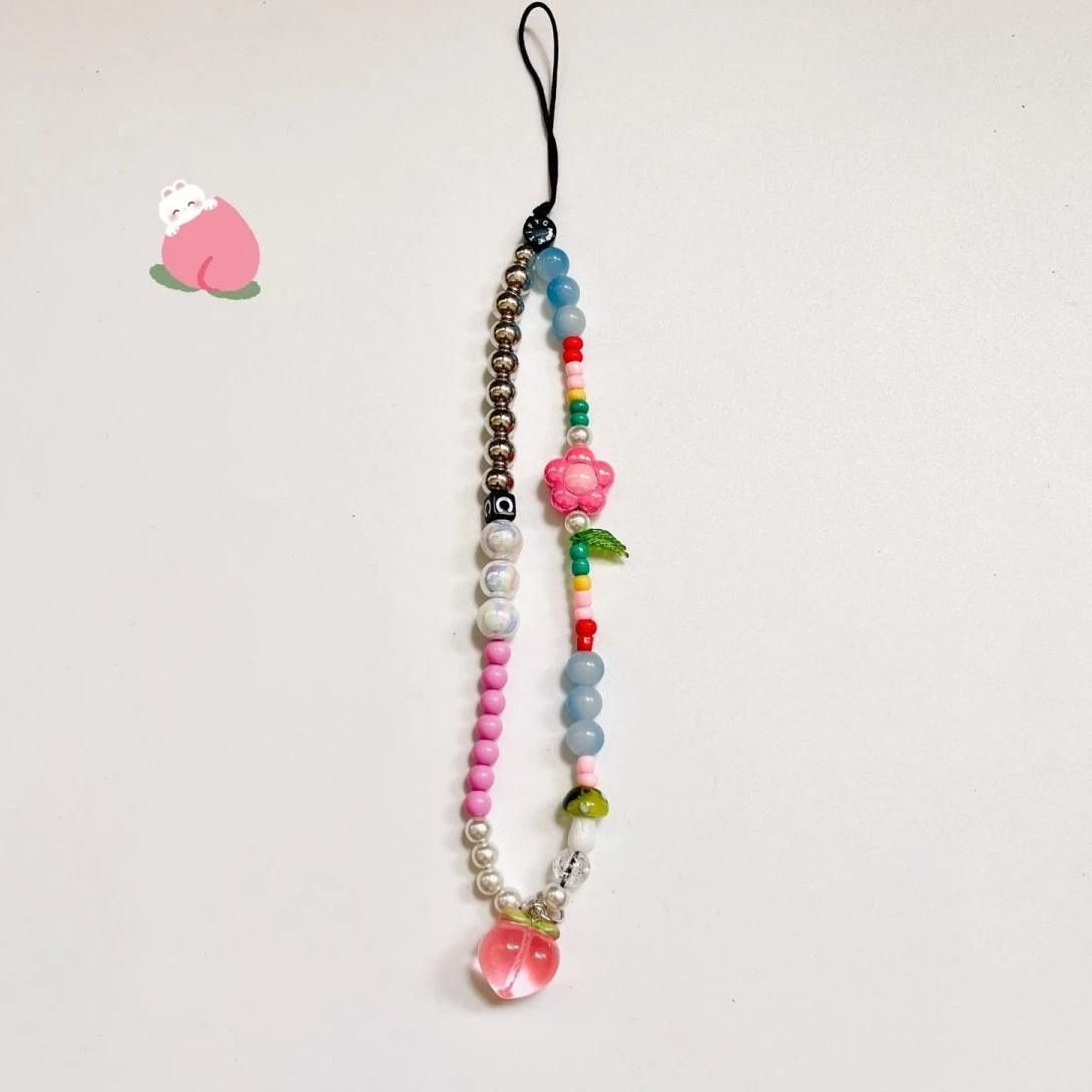

Y2K Pink Floral Peach Bead Women's Mobile Phone Strap Charm Wrist Chain for Cell Phone Pendant Lanyard Woman Cord Rope