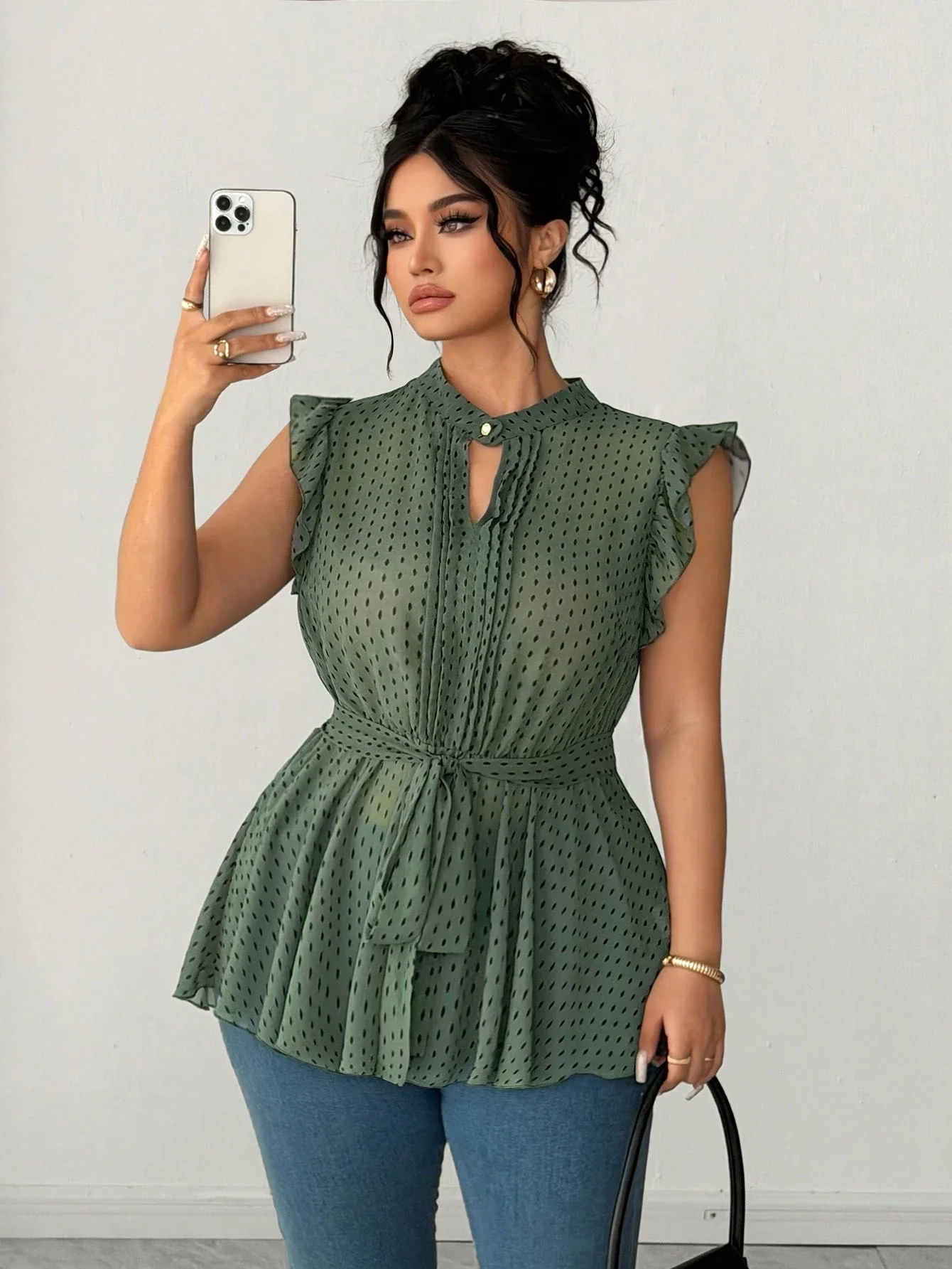 

Plus Size Women's Chiffon Blouse With Ruffled Puff Sleeves Peplum Top