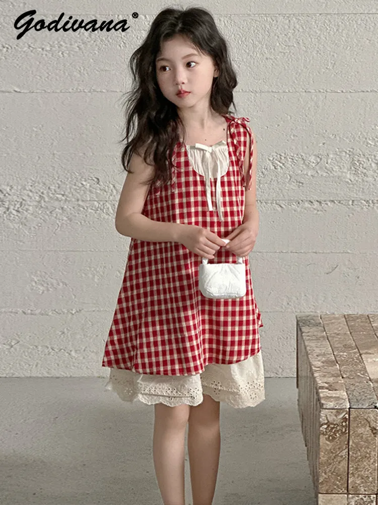 Sweet Girls Korean High End Sleeveless Sundress Summer 2026 New Fashion Kids Plaid Lace Patchwork Loose Soft Princess Dresses
