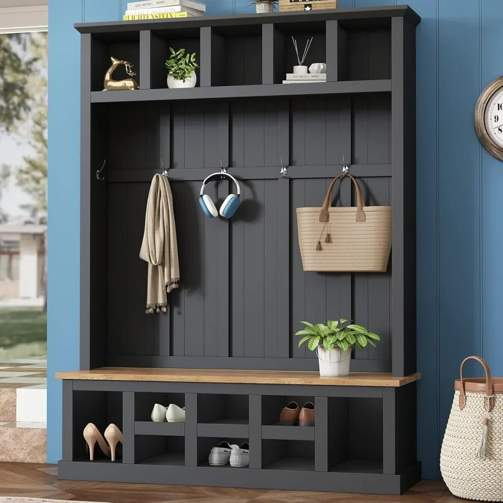 Farmhouse Wood Hall Tree with Bench and Shoe Storage