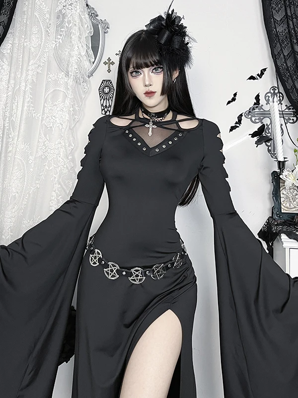 Americano retro escuro gótico traje de halloween subcultura oco alargamento manga cintura alta bodycon fenda preto longo sexy vestido feminino