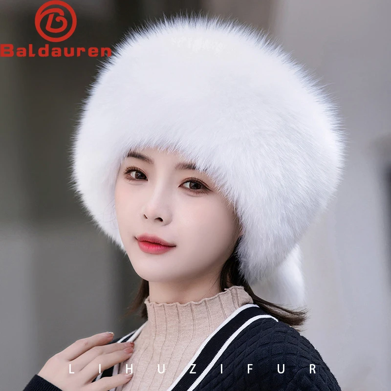 

New Style Winter Women Fox Fur Hat Fluffy Soviet Female Outdoor Warm Cap Snow Fur Hats 2 tails Real Fox Fur Cold Bomber Hats