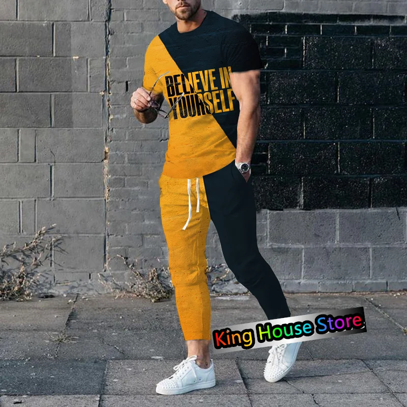 Fashion Sportswear Suit Set Men\'s Jogging Set Tracksuit Clothes T Shirt Trouser 2 Piece Set Male Oversized Street Clothes