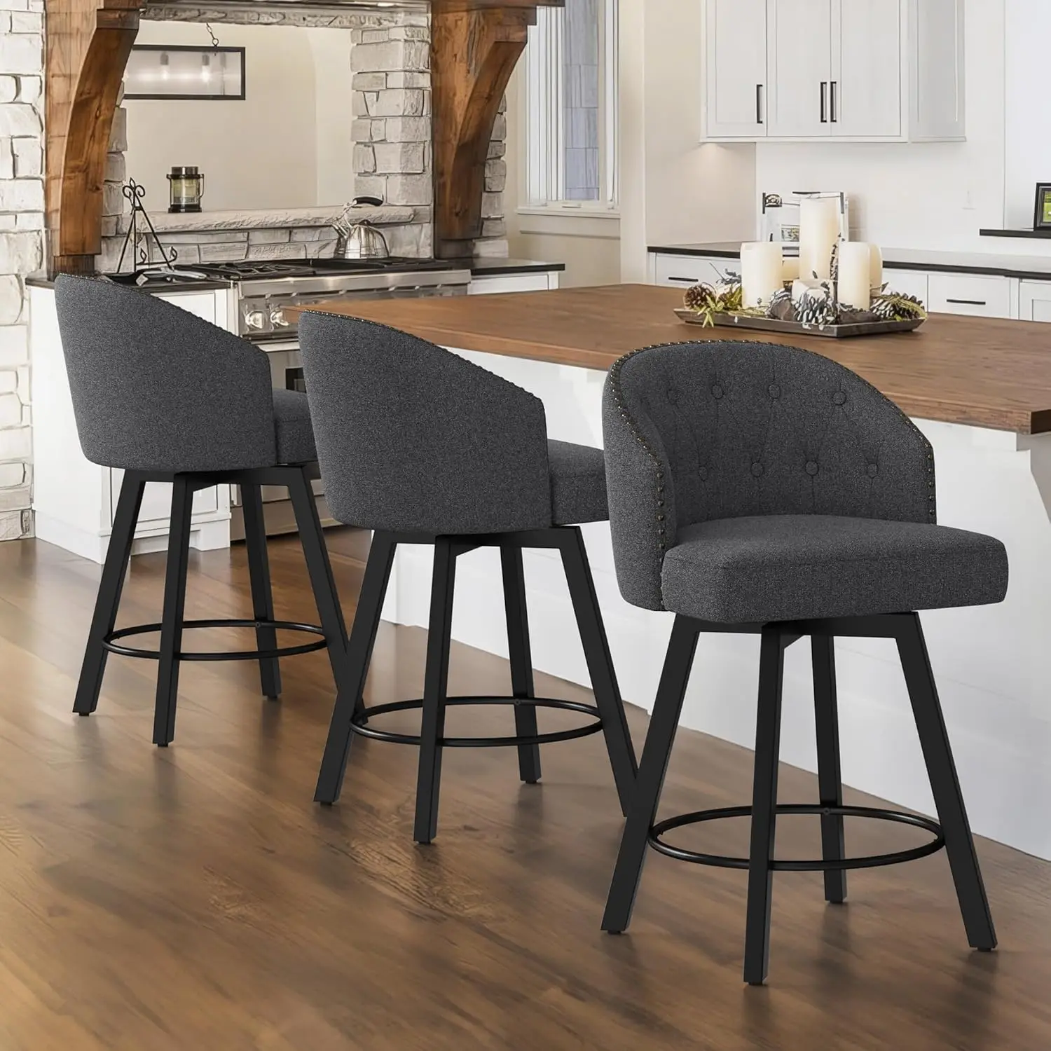 

Counter Height Bar Stools Set of 3, 26" Swivel Fabric Upholstered Bar Stools with Backs and Metal Legs, Retro Counter Stools for